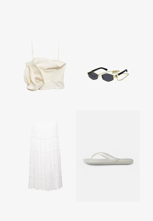 Krämfärgad, figurnära topp i lätt tyg, med en volangdetalj på ena sidan och tunna justerbara axelband. Slät textur med minimala sömmar.; Vit lagerkjol tillverkad av lättviktigt tyg, med ett elastiskt midjeband, volanglager och en flytande design som sträcker sig till mitten av vaden.; Vit flip-flop med en strukturerad sula, som har tunna remmar och en platt design. Tillverkad av gummi med en diskret logotyp på fotsulan.; Oktagonala solglasögon med mörka linser, guldmetallaccenter och svarta plastbågar; inkluderar en avtagbar guldkedja.; Vit handväska med texturerade, scallopformade dekorationer som liknar snäckor. Har ett flätat handtag och ett silverfärgat kedjespänne för mångsidighet.