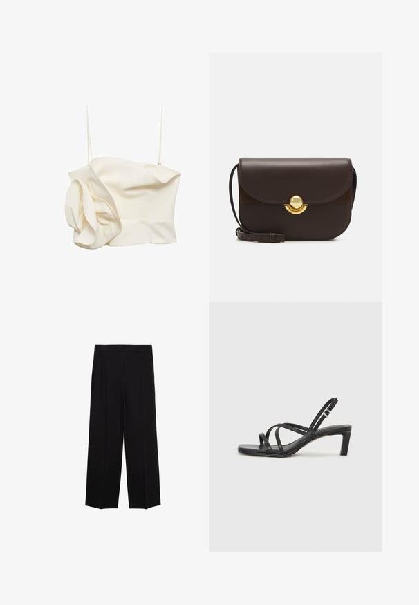 Cremefarvet, tætsiddende top lavet af letvægtsstof, med en voluminøs detalje på den ene side og tynde justerbare stropper. Glat tekstur med minimale sømme.; Sorte brede bukser med en glat stof, der har folder foran og sidelommer, designet med en lige, afslappet pasform.; Sort remsandale med firkantet tå og en lav blokeret hæl. Har flere tynde stropper og en justerbar ankelrem. Fremstillet af glat læder.; Furla SFERA - Skuldertasker - cioccolato