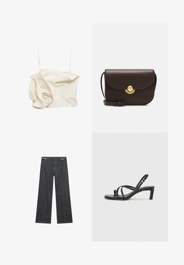 Cremefarvet, tætsiddende top lavet af letvægtsstof, med en voluminøs detalje på den ene side og tynde justerbare stropper. Glat tekstur med minimale sømme.; Mørk vask denim bredbensbukser med høj talje. Har synlig syning, knaplukning og en unik kædeaccent i taljen.; Sort remsandale med firkantet tå og en lav blokeret hæl. Har flere tynde stropper og en justerbar ankelrem. Fremstillet af glat læder.; Furla SFERA - Skuldertasker - cioccolato