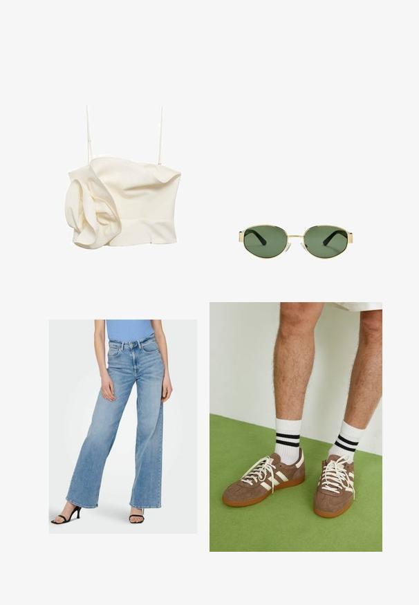 Top aderente color crema realizzato in tessuto leggero, con un dettaglio arricciato su un lato e spalline sottili regolabili. Texture liscia con cuciture minime.; Jeans in denim azzurro chiaro a gamba larga con vita alta, caratterizzati da cuciture visibili e un classico design a cinque tasche. Abbinati a tacchi neri con cinturini.; Sneaker in suede marrone con dettagli e lacci bianchi. Suola in gomma color gomma. Indossati con calzini bianchi con righe nere. Pavimento verde texturizzato.; Occhiali da sole con montatura dorata e lenti verdi, forma ovale, stanghette nere e naselli trasparenti. Design pulito e minimalista.