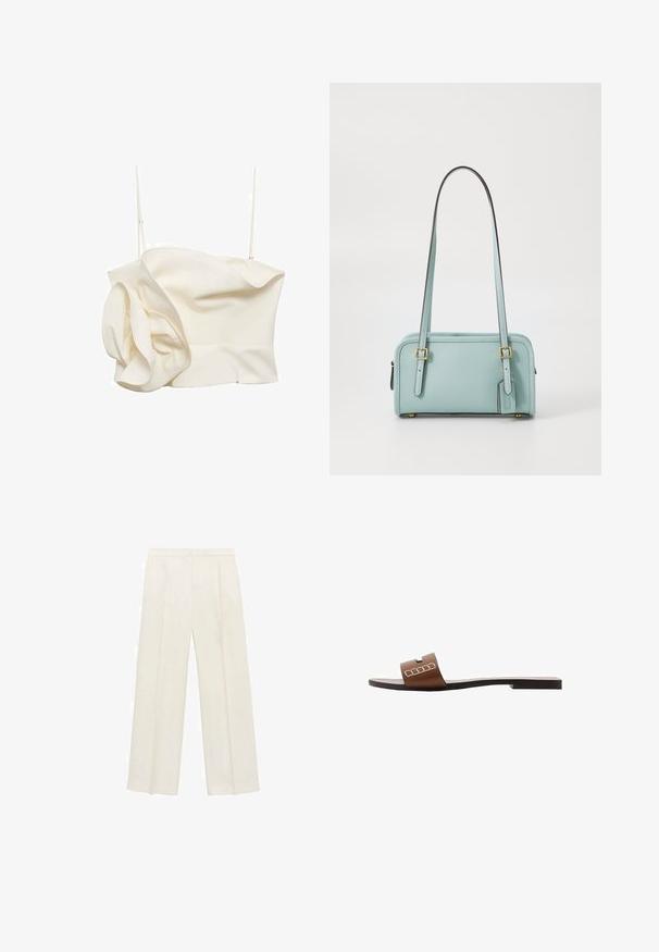 Krémová, priliehavá blúzka vyrobená z ľahkého materiálu, s jedným volánovým detailom na strane a tenkými nastaviteľnými ramienkami. Hladká textúra s minimálnymi švami.; Široké nohavice vo svetlej krémovej farbe. Vyrobené z hladkej látky s skladmi vpredu a bočnými vreckami.; Hnedé kožené šľapky s plochou podrážkou, s širokým pásikom a bielymi geometrickými akcentmi pre minimalistický dizajn.; COACH SWING ZIP BAG 20 - Kabelka - light blue