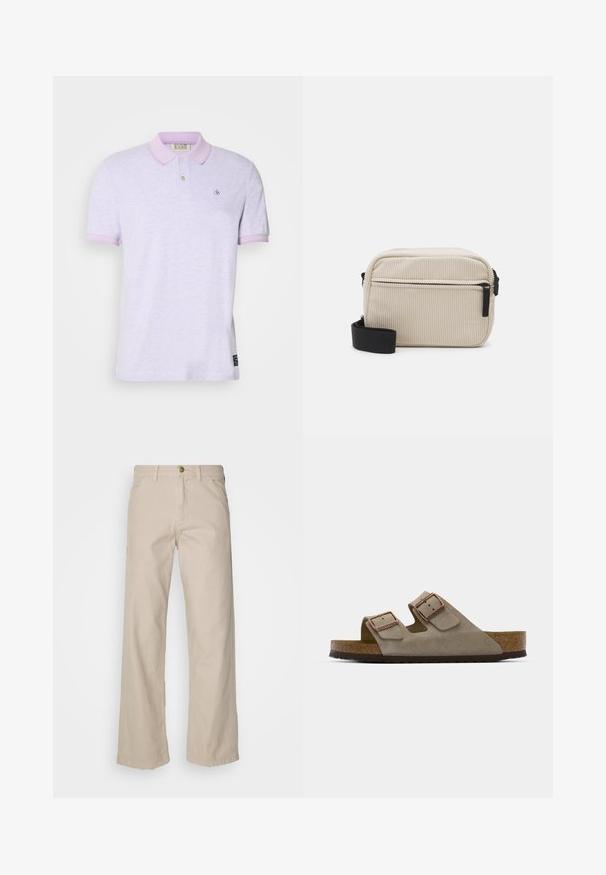 Gai purpursarga polo krekls ar viendabīgu krāsu, kontrastējošiem gaiši rozā apkakli un piedurkņu maliņām, kā arī nelielu izšūtu logotipu krūtīs.; Bežīgas kokvilnas plašas bikses ar piecām kabatām, pogu aizdari un jostu cilpām; gluda tekstūra ar taisnu griezumu un apdari.; Gaiša pelēka zamša slaidu sandale ar diviem regulējamiem sprādzes, korķa vidussole un teksturētu gumijas zoli.; Kremkrāsas korsētas pleca soma ar melnu rāvējslēdzēju, noņemamu siksnu un teksturētu rakstu. Ietver vienu galveno nodalījumu un priekšējo kabatu.