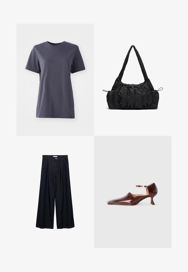 Koszulka z krótkim rękawem w ciemnoszarym kolorze z bawełny, z okrągłym dekoltem, gładka tekstura, proste wykończenie, bez widocznych wzorów ani detali ze sprzętu.; Ciemnoniebieskie spodnie o szerokich nogawkach z wysokim stanem, z zamknięciem na guzik z przodu, dwoma bocznymi kieszeniami oraz detalami w szwach.; Burgundowe lakierowane buty na obcasie z wąskim noskiem, paskiem na kostkę i 5 cm stożkowym obcasem. Gładka tekstura i minimalistyczny design.; Czarna torebka z tkaniny z marszczoną fakturą, z dwoma ramiączkami i sznurkiem do ściągania po bokach. Gładki, lekki materiał.