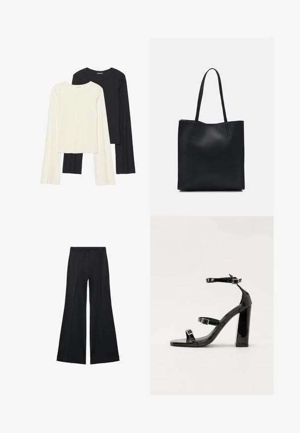 Set van twee longsleeve tops in wit en zwart. Geribbelde textuur, ronde hals, aansluitend ontwerp met licht uitlopende mouwen.; Zwarte wijde-pijpen broek met een gladde textuur, gekenmerkt door voorplooien en een op maat gemaakte uitstraling. De stof is lichtgewicht en vloeiend.; Zwarte gepatenteerde sandalen met hak en een vierkante neus, enkelbandjes en zilveren gespen. Heeft een stevige blokhak voor stabiliteit.; Zwarte leren handtas met een gladde textuur, rechthoekige vorm en twee lange handvaten. Geen zichtbare hardware of versieringen.