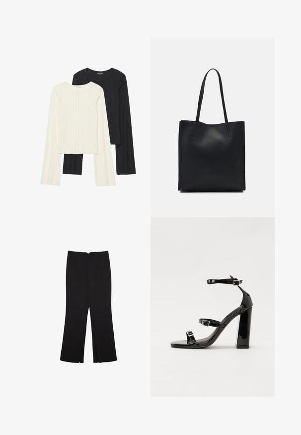 Souprava dvou dlouhých rukávů v bílé a černé barvě. Hladká textura, kulatý výstřih, upnutý střih s mírně rozšířenými rukávy.; Černé kalhoty s rovným střihem, s předními kapsami a bočními rozparky na lemu. Vyrobené z jemné, hladké tkaniny. Vhodné na různé příležitosti.; Černé lakované sandály na podpatku se čtveratou špičkou, lýtkovými pásky a stříbrnými přezkami. Disponují masivním blokovým podpatkem pro stabilitu.; Černá kožená taška přes rameno s hladkým povrchem, obdélníkovým tvarem a dvěma dlouhými uchy. Žádné viditelné kování ani ozdoby.