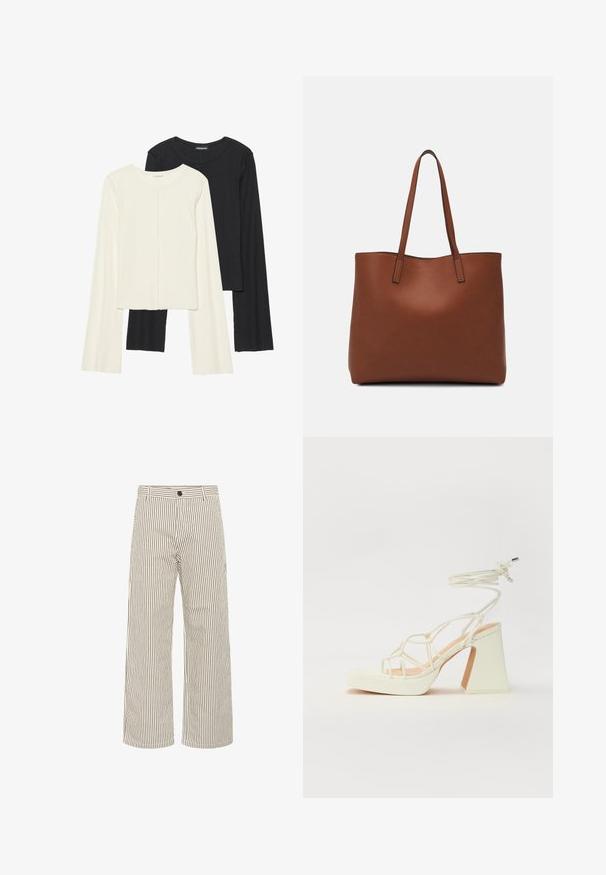 Set aus zwei Langarmoberteilen in Weiß und Schwarz. Rippstruktur, Rundhalsausschnitt, figurbetontes Design mit leicht ausgestellten Ärmeln.; Weite Stoffhosen in einem hellbeigen Material mit vertikalen schwarzen Streifen. Mit einem Gummibund mit Gürtelschlaufen und einem Knopfverschluss vorne.; Weiße High-Heel-Sandale mit einem klobigen Absatz, die über ein Riemchendesign und ein Knöchelband verfügt. Glatte Textur mit einer Plattform vorne für zusätzliche Höhe.; Braune Leder-Tote mit glatter Textur, offenem Oberteil und zwei Schulterriemen. Verfügt über minimale Nähte und keine sichtbaren Beschläge.
