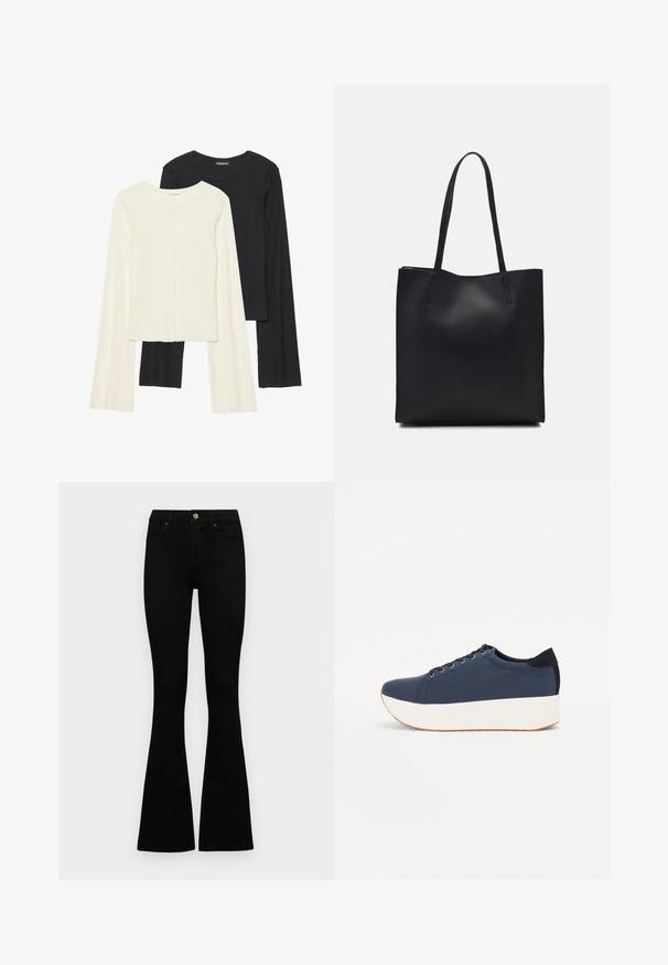 Set of two long-sleeve tops in white and black. Ribbed texture, round neck, fitted design with slightly flared sleeves.; Black high-waist jeans with a button and zip closure, front pockets, and flared legs laid flat on a white background.; Navy blue sneaker with a textured fabric upper, white platform sole, rounded toe, and black heel accent. Features six eyelets for laces.; Black leather tote bag with smooth texture, rectangular shape, and two long handles. No visible hardware or embellishments.