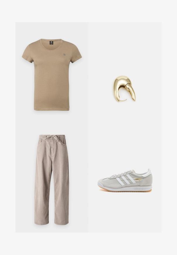 Maglietta beige a maniche corte con scollatura rotonda, realizzata in morbido cotone, con un discreto logo sul petto e orlo dritto.; Pantaloni in velluto a coste beige con vestibilità ampia, dotati di vita con cordoncino, due tasche frontali e lavorazione a coste verticali.; Sneaker grigio chiaro realizzato in suede e rete, con tre strisce bianche, punta arrotondata e suola in gomma color caramello. Accento del logo dorato vicino ai lacci.; Orecchino in metallo color oro con un design elegante e curvo. Presenta una forma appuntita distintiva, superficie lucida e chiusura a cerniera.