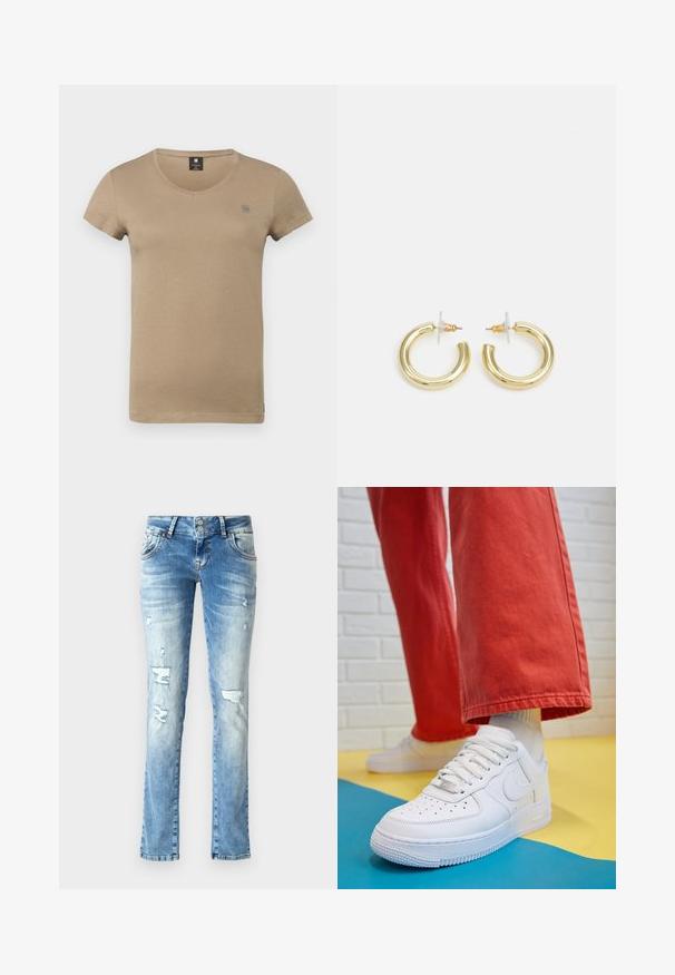 Beige, rövid ujjú póló, kerek nyakkivágással, puha pamutból készült, diszkrét logóval a mellkason és egyenes aljjal.; Világoskék farmernadrág, laza fit típussal, megviselt részletekkel, gombos záródással, két gombbal, és egyenes lábakkal.; Fehér bőr edzőcipő perforált orral, texturált talppal és fehér fűzővel, széles vörös nadrággal párosítva, kék és sárga háttérrel.; Arany fülbevalók sima, fényes felülettel. Kör alakú dizájn, amely kis kapoccsal és átlátszó tartozékkal rendelkezik a biztonságos viselés érdekében.