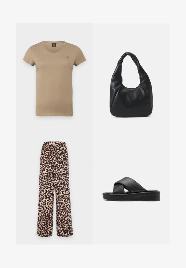 Beigā krāsā T-krekls ar īsām piedurknēm un apaļu kakla izgriezumu, izgatavots no mīksta kokvilnas materiāla, ar pavisam nemanāmu logotipu uz krūšu un taisnu apakšmalu.; Plati bikses izgatavotas no mīksta auduma ar leopardu rakstu siltā bežā un tumši brūnā krāsā, ar elastīgu jostu ērtībām.; Melnas ādas slide sandales ar krusteniskās siksnas dizainu, plakanu platformas zoli un gludu tekstūru. Minimālistiska un monohromatiska estētika.; Melnā hobo soma, kas izgatavota no gludas ādas līdzīga materiāla, ar savītu rokturi, ar mīkstu, noapaļotu formu un augšējo rāvējslēdzēju.; Zelta auskari ar gludu, spīdīgu apdari. Apaļš dizains, kas ietver mazu tapu un caurspīdīgu pamatni drošai valkāšanai.