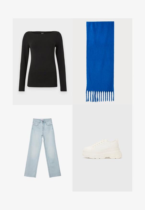 Crna majica dugih rukava izrađena od mekanog pamuka. Ima okrugli izrez i prilagođeni dizajn, s čistim šavovima i bez vidljivih ukrasa.; Svijetloplave široke traperice s pet džepova, dugmadi za zatvaranje i izblijedjelim detaljima. Klasičan ravni kroj s opuštenim fitom.; Bijela platnena tenisica s debelim potplatom, zaobljenim vrhom i pet rupica za vezice. Stražnji tab za jednostavno obuvanje. Glatka tekstura, minimalistički dizajn.; Plava šal od mekog materijala; sadrži jednobojnu boju s teksturiranom površinom i ravnomjerno rezanim resicama na dnu.