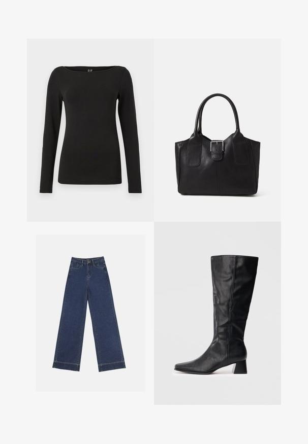 Juoda ilgomis rankovėmis palaidinė, pagaminta iš minkštos medvilnės. Turi apvalų iškirpimą ir figūrą apglaudžiančią konstrukciją, su švariais siūlais ir be matomų dekoracijų.; Plati džinsai tamsiai mėlynos denimo. Yra penki kišenės, diržo kilpos ir apatinė briauna su matomais siuvimo detalėmis.; Juodas odinis vidutinio ilgio botas su smailiu kojų pirštu ir blokuotu kulnu ant vienspalvio šviesaus fono.; Juodas odinis nešiojamas krepšys su lygiu paviršiumi, struktūrine forma, dviem rankenėlėmis ir ryškiu sidabriniu sagties akcentu priekyje.