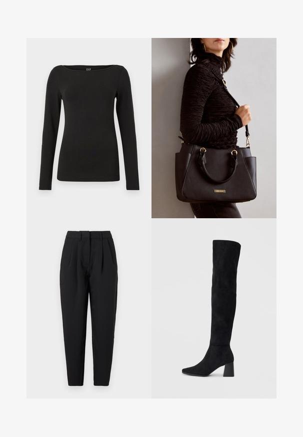 Black long-sleeve top made from soft cotton. Features a round neckline and fitted design, with clean seams and no visible embellishments.; Black trousers with a straight fit, featuring pleats at the front, a smooth texture, and side pockets. The waistband is standard height.; Black suede knee-high boot with block heel, pointed toe, and smooth, seamless design on a plain light background.; Black handbag with textured surface, dual top handles, and adjustable shoulder strap. Features gold-tone hardware and side pockets.