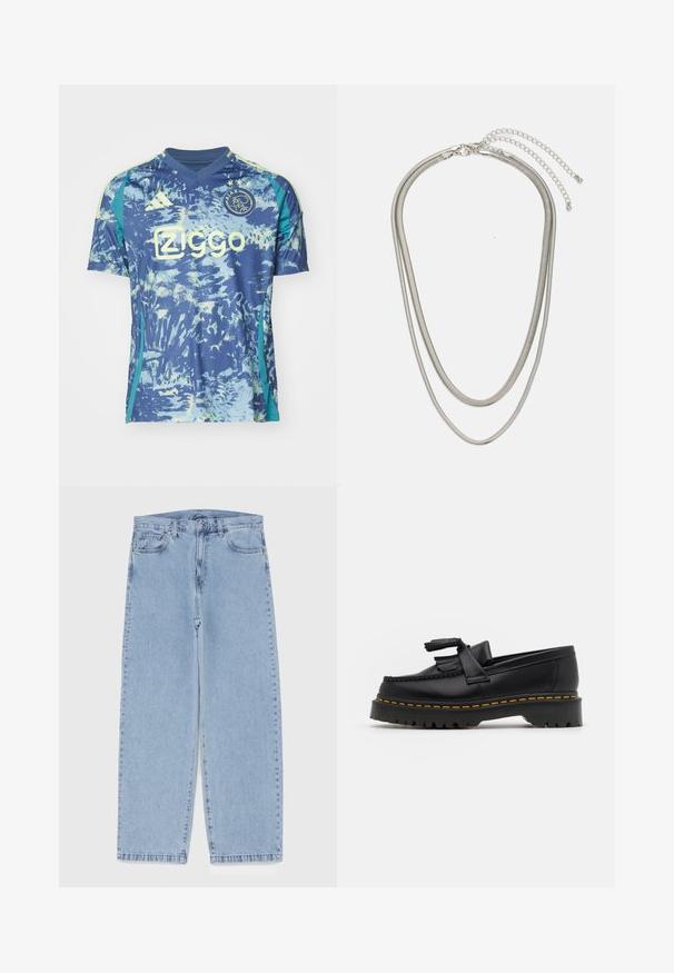 Mėlyna futbolo marškinė su abstrakčiais, šviesiai mėlynais ir geltonais raštais, trumpomis rankovėmis, V formos iškirpte, su "Adidas" logotipu ir klubo ženkleliu.; Šviesiai mėlyni džinsai su tiesiomis kojomis, turintys vidutinio aukščio juosmenį, penkias kišenes ir mygtuko bei užtrauktuko uždarymą.; Juodas odinis loaferis su kutais, turintis masyvų juodą pado ir geltonus siūlus palei kraštą. Textūruota danga.; Trijų sluoksnių sidabrinė metalinė apyrankė, kuri pasižymi stilingomis, lankstosiomis grandinėlėmis su švelniu blizgesiu, užsegama krabų užsegimu ir reguliuojama grandinė.