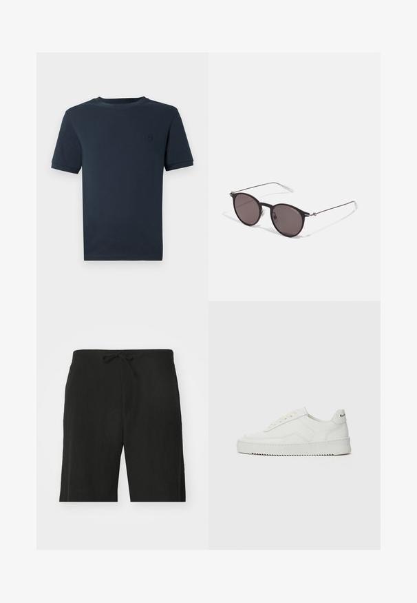 Donkerblauwe katoenen t-shirt met korte mouwen, ronde hals en een klein, gestructureerd logo op de linkerborst. Gladde stofafwerking.; Zwarte linnen shorts met een drawstring taille, met een relaxte pasvorm en een knielengte ontwerp. Gladde textuur, simple en klassieke stijl.; Witte leren sneaker met een gladde afwerking, ronde neus, platte veters en een gestructureerde zool. Kenmerkt zich door een subtiel logo op de hiel.; Zwarte ronde zonnebril met donkere lenzen en slanke metalen armen. Inclusief heldere tempelpunten en zilveren accenten bij de scharnier. Minimalistisch ontwerp.