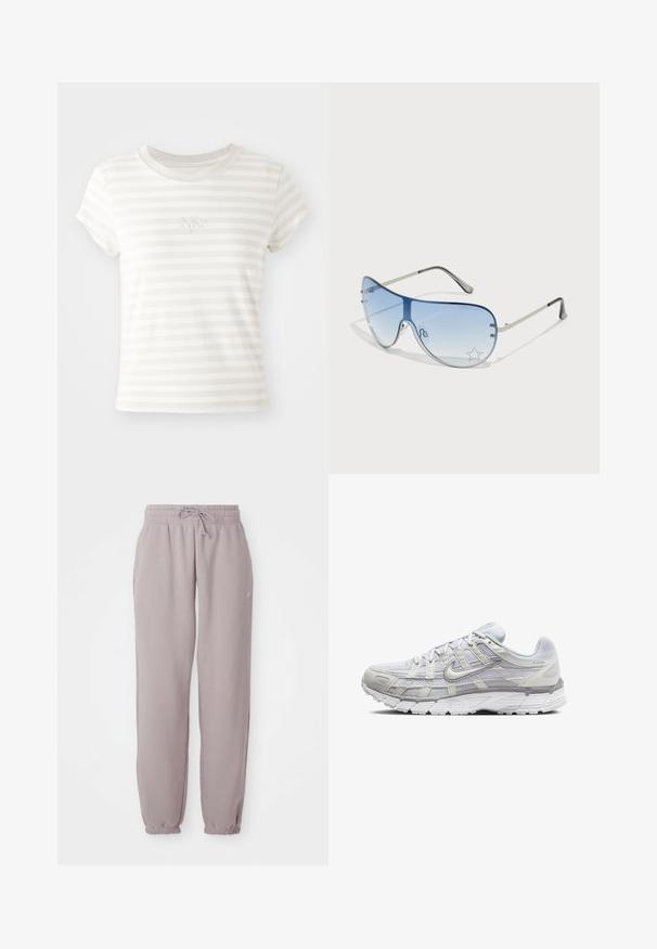 T-shirt de manga curta riscada e branca, feita de algodão macio. Apresenta um decote redondo e um pequeno logo bordado da Nike no peito.; Calças de moletão em malva claro, com cintura elástica, cordão, bolsos laterais e punhos elásticos, apresentadas de forma plana contra um fundo branco.; Sapatos atléticos cinza claro com parte superior em malha e sintético, apresentando um fecho de cordões, colarinho acolchoado e sola texturizada para aderência.; Óculos de sol aviador com lentes azuis em degradê, armação metálica prateada e detalhes decorativos de estrelas nas lentes. Design suave e elegante.