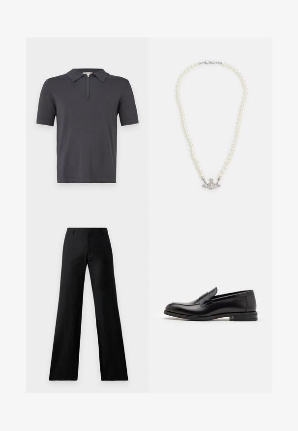 Polo tričko s krátkým rukávem v tmavě šedé barvě, s límečkem a předním zipem do poloviny. Vyrobeno z měkkého materiálu s hladkým povrchem.; Černé široké kalhoty vyrobené z hladkého materiálu. Mají středně vysoký pas a přední sklady, které nabízejí upravený siluetu.; Černé kožené polobotky s hladkou texturou, zaoblenou špičkou a zdobným páskem přes nárt. Nízký stohovaný podpatek, minimalistický design.; Perlový náhrdelník se stříbrným zapínáním. Obsahuje kulaté bílé perly a dekorativní středový prvek posázený rhinestonem.