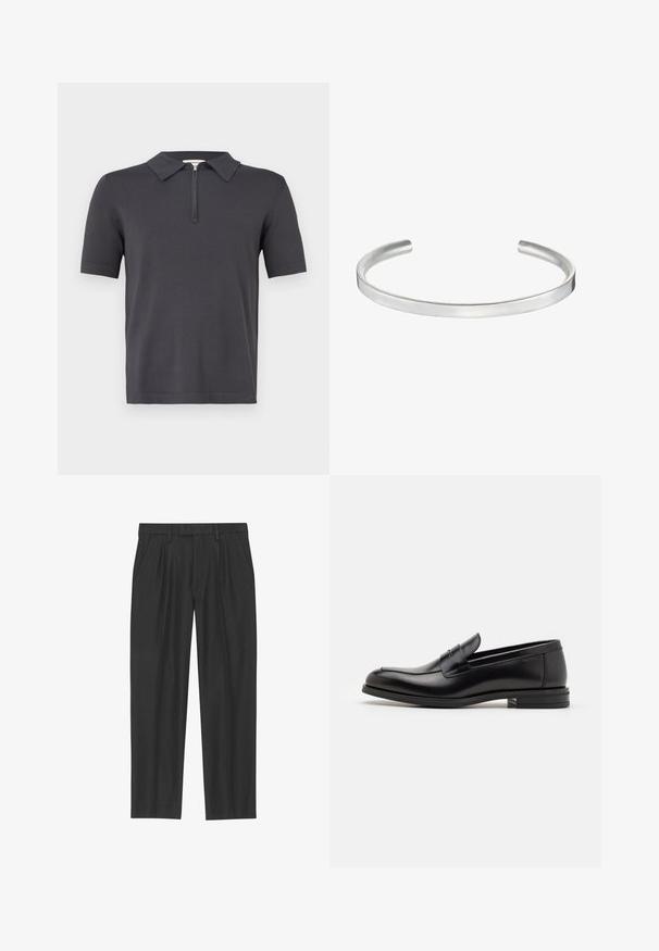 Lyhythihainen polo-paita tummanharmaana, jossa on kaulus ja puolivetoketjullinen etuosa. Valmistettu pehmeästä materiaalista, jolla on sileä tekstuuri.; Mustat pleated-housut, jotka on valmistettu sileästä kankaasta; niissä on vyötärö, jossa on vyölenkit, ja suora lahkeensuukko. Minimalistinen muotoilu ilman kuvioita.; Mustat nahkakengät, joissa on sileä pinta, pyöreä kärki ja koristeellinen nauha jalkapöydän yli. Matala pinoitu koroke, minimalistinen muotoilu.; Hopeinen metallinen rannerenka, jossa on sileä, mattapintainen pinta. Ominaisuuksiin kuuluu avonainen muotoilu pyöristettyine reunoineen, mikä mahdollistaa säädettävän koon.