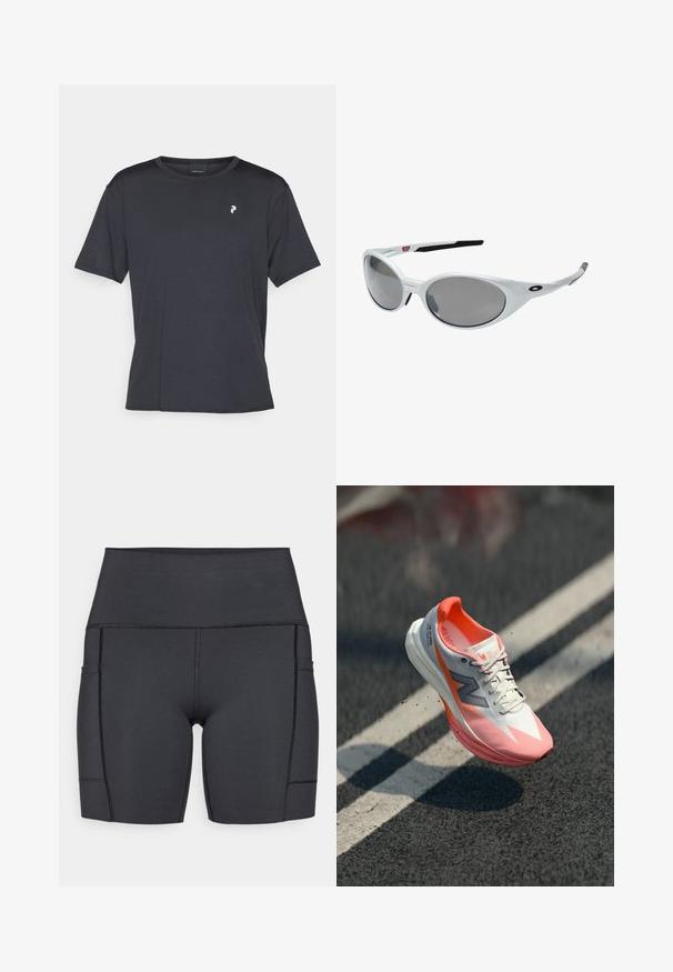 Czarny t-shirt z krótkim rękawem, wykonany z gładkiego materiału. Posiada okrągły dekolt i małe logo w białym kolorze po lewej stronie klatki piersiowej.; Czarne szorty z wysokim stanem wykonane z elastycznego materiału, z kieszeniami bocznymi, płaskimi szwami i gładką powierzchnią dla komfortu podczas aktywności.; Buty do biegania z białą i różową cholewką, posiadające siatkową teksturę, odblaskowe akcenty oraz amortyzowaną podeszwę. Lekka konstrukcja zapewniająca wydajność.; Białe plastikowe okulary przeciwsłoneczne z dużymi owalnymi soczewkami o szarym zabarwieniu. Posiadają czarne wkładki na uszy oraz małe logo na ramce. Gładkie wykończenie.