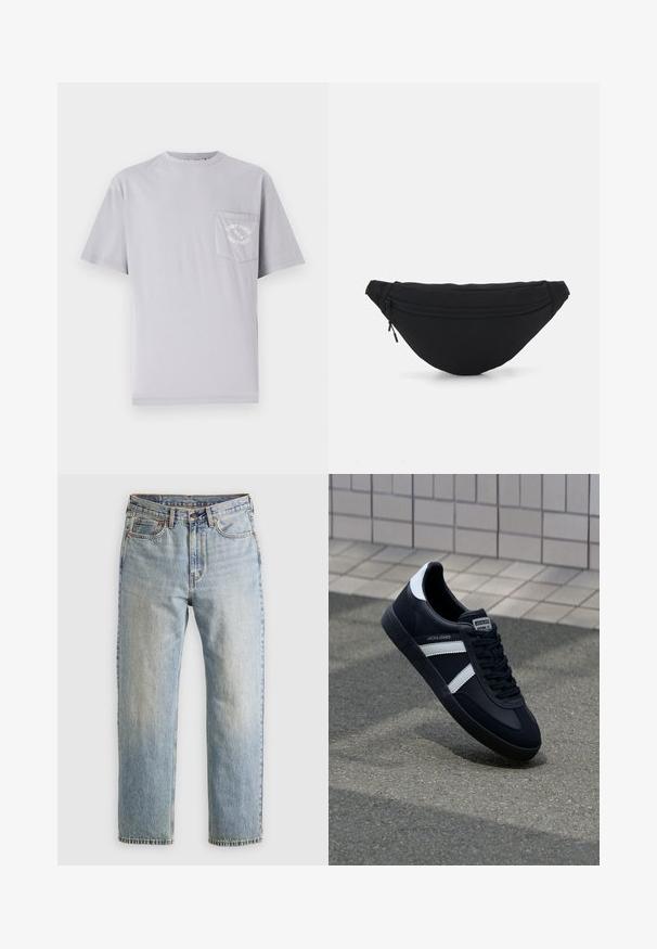 Grijze katoenen T-shirt met een ronde hals, korte mouwen en een borstzak aan de linkerkant met geborduurde tekstdetails.; Lichtblauwe denim jeans met hoge taille, frontknop, rits en vijfzakkenontwerp, plat gelegd op een neutrale achtergrond.; Zwarte leren sneaker met witte strepen, een gestructureerde rubberen zool en vetersluiting aan de voorkant. Voorzien van een merklabel op de tong.; Zwarte stof heuptas met een afgeronde vorm, voorzak met rits en een gladde textuur. Geen zichtbare patronen of accenten. Lichtgewicht ontwerp.