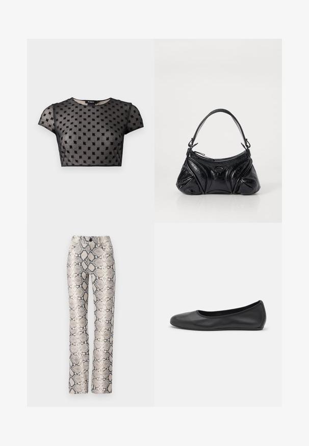 Must olnud must, lühikeste varrukatega ja ümmarguse kaelusega lühiülikond, valmistatud läbipaistvast kangast, millel on tekstuuriga muster, mis koosneb väikestest ruutudest.; Beige ja halli värvitoonis madu-prindiga püksid. Sirge jala disain tekstuuriga viimistlusega ja ees olevate taskutega. Omab nupu sulgemist.; Musthave mustika tantsutossud mustast nahast, ümmarguse varbaga, siledast tekstuurist, minimaalse õmblusdetailiga ja paindliku tallakujundusega.; Musta kott, mis on valmistatud tekstureeritud nahast ja omab ümarat kuju. Sellel on õhuke õlarihm ja dekoratiivsed reljeefmustrit.