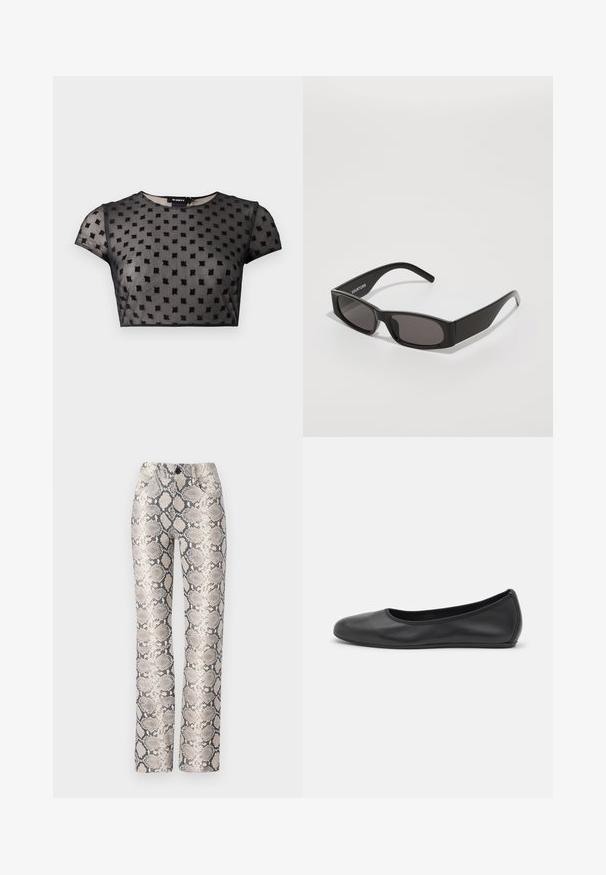 Čierny cropped top vyrobený z priesvitnej látky s textúrovaným vzorom malých štvorcov. Krátke rukávy a zaoblený výstrih.; Nohavice s hadím vzorom v béžovej a šedej farebnej schéme. Rovný strih s textúrovaným povrchom a prednými vreckami. Zatváranie na gombík.; Čierne kožené baleríny s okrúhlou špičkou, hladkým povrchom, minimálnym prešívaním a flexibilným dizajnom podrážky.; Čierne obdĺžnikové slnečné okuliare s tmavými sklami, hladkým plastovým rámom a decentným logom na ľavom ramene. Minimalistický dizajn.