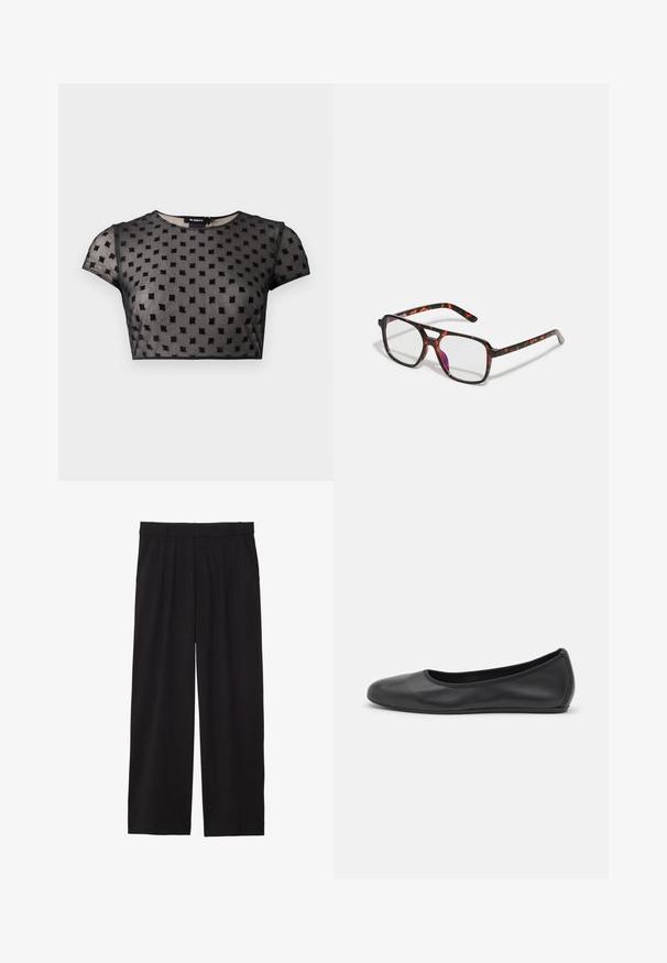 Czarny, krótki top z przezroczystej tkaniny z teksturowanym wzorem małych kwadratów. Krótkie rękawy i okrągły dekolt.; Czarne spodnie w stylu szerokich nogawek z plisowanym przodem, bocznymi kieszeniami i gładką teksturą materiału. Zaprojektowane w luźnym kroju.; Czarne skórzane baletki z zaokrąglonym noskiem, gładką fakturą, minimalnymi przeszyciami i elastycznym designem podeszwy.; Okulary w kratkę tortoiseshell z prostokątnymi soczewkami, czarną i pomarańczową oprawą, z błyszczącym wykończeniem i smukłymi zausznikami.