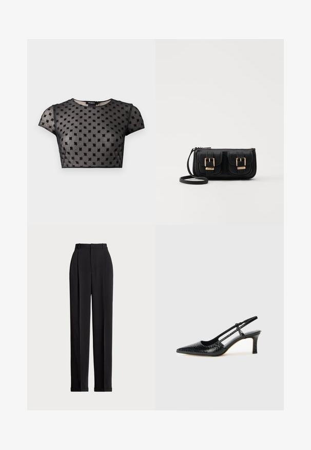 Top nero, corto, realizzato in tessuto trasparente con un motivo testurizzato di piccoli quadrati. Maniche corte e scollatura rotonda.; Pantaloni neri su misura a vita alta, con pieghe frontali, design a gamba dritta e orlo con risvolto. Realizzati in tessuto morbido.; Slingback con tacco in vernice nera con punta affusolata, caratterizzato da una stampa a serpente testurizzata, cinturino regolabile e un tacco corto e testurizzato.; Borsa a tracolla nera in pelle con due tasche frontali, fibbie dorate, chiusura con zip e una tracolla sottile. Superficie texturizzata e forma rettangolare compatta.