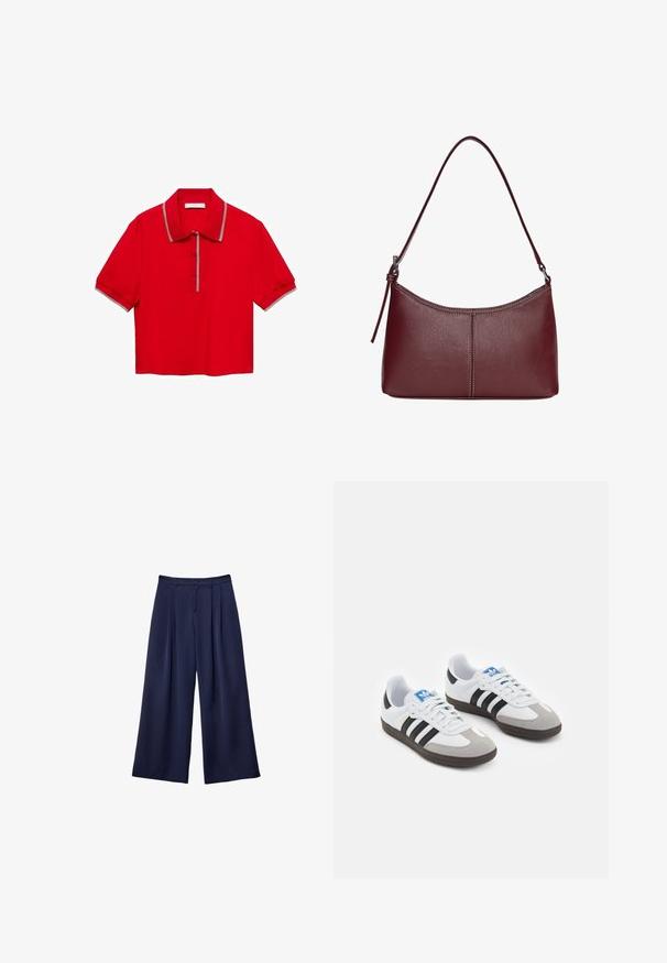 Červené polo tričko vyrobené z jemné látky, s límečkem, krátkým rukávem, zapínáním na tři knoflíky a kontrastním pruhovaným lemem.; Námorně modré kalhoty s širokými nohavicemi, s plisovaním, knoflíkovým páskem a poutky na opasek, zobrazené položené na bílé pozadí.; Sportovní boty s bílým koženým svrškem, šedou semišovou špičkou a třemi černými pruhy. Obsahují modré logo na jazyku a texturovanou gumovou podrážku.; Vínová kožená kabelka s zakřiveným tvarem, jediným ramenním popruhem a prošíváním ve středu. Hladký povrch, minimální kovové prvky.