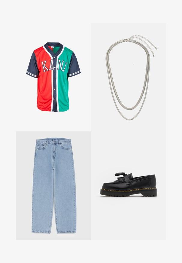 Lühikeste varrukatega särk punaste ja roheliste osadega, tumesiniste varrukate ja ääredega. Omab nööpidega kinnitust ja ees on valgete tähtedega kirjas "KANI".; Heled sinise denimi sirgete põlvede lõikega teksad, millel on keskmise kõrgusega vöökoht, viis taskut ning nööbid ja tõmblukk.; Mustmust musta loafer, millel on frantsiisi aktsent, paks must tald ja kollane õmblus servas. Tekstuuriga viimistlus.; Kolmekihiline hõbedane metallkaelakee, mis on valmistatud peentest, paindlikest kettidest kerge läikega, kinnitatud krabi sulguri ja reguleeritava ketiga.