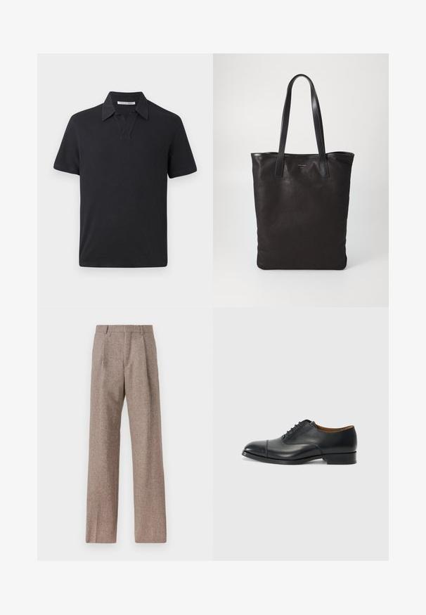 Musta polo-paita, joka on valmistettu puuvillasta. Siinä on lyhyt kaulus, lyhyet hihat ja rento istuvuus. Yksinkertainen muotoilu, ei näkyviä kuvioita tai yksityiskohtia.; Ruskejat, korkeavyötäröiset housut, jotka on valmistettu teksturoidusta kankaasta. Ominaisuuksina ovat leveät lahkeet ja kaksi etupuolelle ommeltua laskosta rakenteen tukemiseksi. Siisti viimeistely ilman näkyvää metalliosaa.; Mustat nahkakengät, joissa on sileä pinta, pyöreä kärki, viisi rei'itystä nauhoja varten ja matala lohko korko. Minimalistinen muotoilu hienovaraisella ompelulla.; Mustat kangaskassit mustilla nahkahandleilla. Yksinkertainen muotoilu, tilava runko ja sileä pinta. Ei näkyviä logoja tai kuvioita.