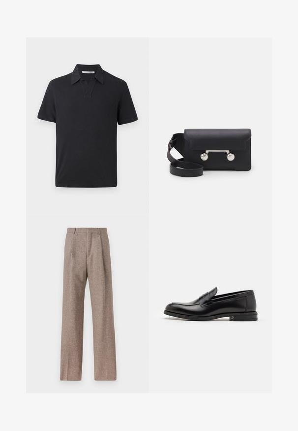 Fekete pólóing pamutból, rövid gallérral, rövid ujjakkal és laza szabással. Egyszerű dizájn, látható minták vagy díszítések nélkül.; Barna, magas derekú nadrág texturált anyagból. Széles szárai és két elülső redője biztosítja a struktúrát. Ízléses kivitel, látható fémszerelés nélkül.; Fekete bőr loaferek sima textúrával, kerek orral és dekoratív pánttal a vampnál. Alacsony, rétegelt sarkú, minimalista dizájn.; Fekete bőr keresztpántos táska hajtókával, ezüst színű kiegészítőkkel és két kerek díszítéssel. Levehető pánttal rendelkezik. Simább textúrájú.