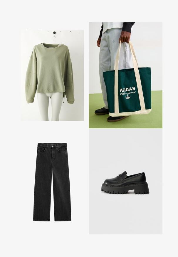 Hellgrünes, geripptes Langarm-T-Shirt mit Rundhalsausschnitt und überschnittenen Schultern, präsentiert an einem weißen Mannequinhals gegen einen schlichten Hintergrund.; Weite schwarze Denim-Jeans mit feinem vertikalen Streifenmuster, ausgestattet mit einem Fünf-Taschen-Design und einem klassischen Knopfverschluss an der Taille.; Schwarze Lederloafer mit einer dicken, klobigen Gummisohle, die eine gezackte Kante aufweist und einen einzelnen dekorativen Hardwareakzent auf dem Obermaterial hat.; Person mit einer dunkelgrünen Adidas-Tote-Tasche mit beigen Trägern und Boden, die hellblaue Jeans und schwarze Schuhe auf einem grünen Boden trägt.