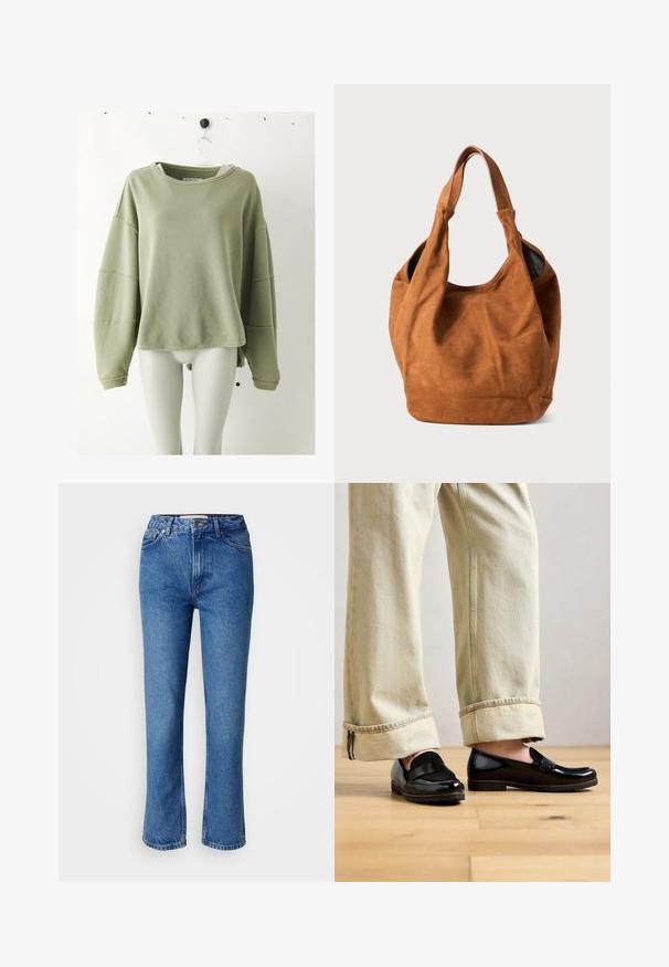 Šviesiai žalia juostuota ilgomis rankovėmis marškinėlių palaidinė su nuleistais pečiais, parodyta ant balto manekeno liemens prieš paprastą foną.; Mėlyni džinsai su tiesiu kirpimu, turintys klasikinį penkių kišenių dizainą, oranžiniai siuvinėjimai ir mygtukų uždarymas.; Asmuo, vilkintis nertus šviesius džinsus ir blizgius juodus odinius loaferius, stovi ant medinių grindų šviesiame fone.; Rudas zomšinis petinis krepšys su minkštu paviršiumi, išlenkta forma ir dviem rankenomis. Ypatybių sąraše minimalus dizainas be matomų metalinių detalių ar akcentų.
