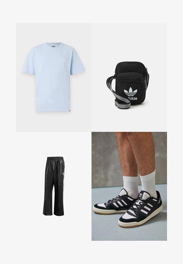Svetlo modra bombažna majica s kratkimi rokavi, okroglim ovratnikom in majhnim belim logotipom "Dickies" na levem prsnem delu. Mehka tekstura, sproščen kroj.; Črne sintetične športne hlače z elastičnim pasom, z belimi stranskimi črtami in s majhnim belim logotipom na levem kolku.; Črno-bele superge z zgornjim delom iz usnja in nubuka, ki imajo tri bele črte, perforiran vrh prstov in podplat iz gume.; Črna tkaninska torbica čez ramo z zadrgo, ki vsebuje belo Adidasovo logo in pridelano naramnico z več črtami za enostavno nošenje.