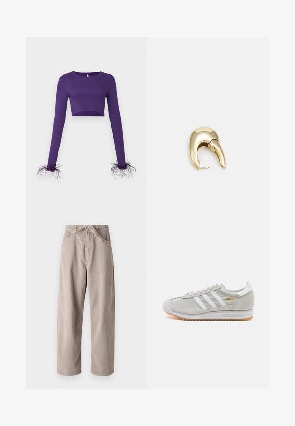 Lila skrajšani dolg rokav vrh, izdelan iz rebraste tkanine, z prosojnimi, raztrganimi detajli na manšetah za dodatno teksturo.; Beige kordurojske hlače s sproščenim krojem, ki imajo vrvico za prilagajanje pasu, dva sprednja žepa in vertikalno rebrasto teksturo.; Svetlo sivi tenisice od antilopa i mrežaste tkanine, s tri bijele pruge, okruglim vrhom i gumenim potplatom. Zlatni logo akcent blizu vezica.; Uhane nakit iz zlatastega tona z gladko, ukrivljeno zasnovo. Ima edinstveno koničasto obliko, polirano površino in zaponko s tečajem.