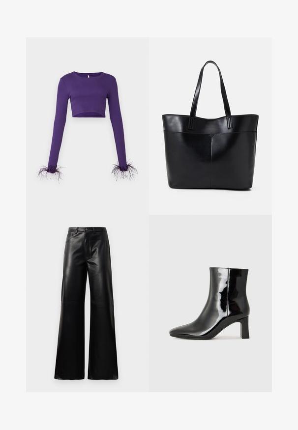 Lila skrajšani dolg rokav vrh, izdelan iz rebraste tkanine, z prosojnimi, raztrganimi detajli na manšetah za dodatno teksturo.; Črne široke hlače iz umetnega usnja z visokim pasom, sprednjim gumbom, zadrgo, zanke za pas in stranskimi žepi na beli podlagi.; Črne lakirane gležnjarje z ošiljenim nosom in srednje visokim blokastim peto. Gladka tekstura in minimalističen dizajn.; Črna usnjena torba z dvema dolgima ročajema, gladko teksturo in strukturirano obliko. Ima sprednji žep za dodatno shranjevanje.