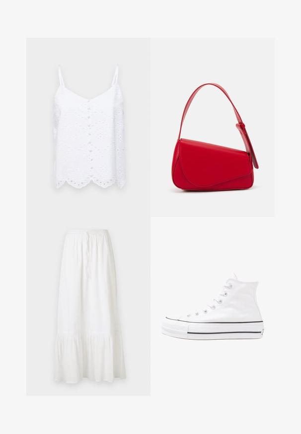 White camisole with adjustable straps, embroidered floral pattern, scalloped hem, and front button detail. Lightweight fabric, casual design.; White, knee-length skirt made of lightweight fabric with an elastic waist and drawstring. Features a ruffled hem and subtle texture.; White high-top canvas sneaker with black rubber sole, front rubber toe cap, and six eyelets for laces, featuring a clean, minimalist design.; Red leather handbag with an angular, geometric design. Features a single adjustable strap and a flap closure with stitched detailing.