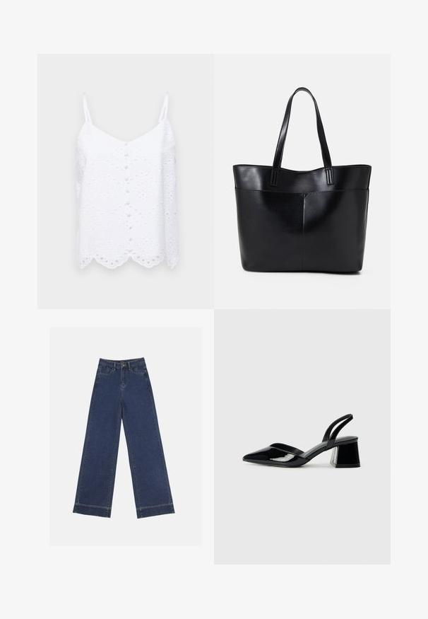 White camisole with adjustable straps, embroidered floral pattern, scalloped hem, and front button detail. Lightweight fabric, casual design.; Wide-leg jeans in dark blue denim. Features five pockets, belt loops, and a raw hem at the bottom with visible stitching details.; Black patent leather slingback heels with a pointed toe and a geometric block heel. Features a sleek, minimal design and smooth texture.; Black leather tote bag with two long handles, a smooth texture, and a structured shape. Features a front pocket for additional storage.