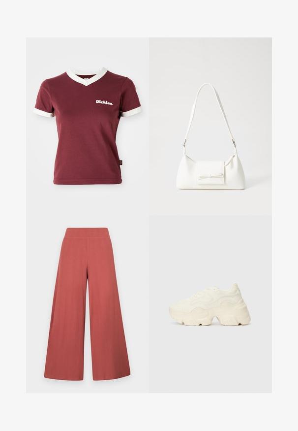 Burgundia V-kaeluseline T-särk valgete ribadega kaeluses ja varrukatuttides. Vasakul rinnal on valge "Dickies" logo. Valmistatud puuvillast, sobiva kujundusega.; Laiade lõikega püksid roostekarva, valmistatud tekstuurse vertikaalribadega kangast. Omavad kõrget, elastset vöökohal.; Paksud valged tennised, mis on valmistatud tekstureeritud võrgu- ja sünteetilistest materjalidest, pakuvad paksu tallaga ja keerukat mustrit külgedel.; Valge sünteetilisest materjalist kott kolmnurkse kujuga, lame esiklapiga ja kaaredetailiga, reguleeritava rihmaga, sileda tekstuuriga ja minimalistliku disainiga.