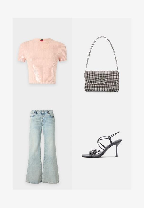 Heled roosa soonikute struktuuriga lühikeste varrukatega topp, millel on ühel küljel sädelevad aktsendid ja ümar kaelus. Pehme tekstuur ja lühike disain.; Heledad sinised flared teksad, mis on valmistatud denimist, kõrge vöökoha, taskute ja kulunud äärtega. Kangas näitab tuhmumist ja peent tekstuuri.; Mustad musta värvi kontsandaalid on varustatud peente rihmadega, millel on sõlmekujundus, siledad ruudukujulised varbad ja stiilne stilettokonts.; Helehall metallik handbags, millel on kett, kaunistatud väikeste ümmarguste metallist õmblustega ja kolmnurkse brändi logoga.; Hõbedased rõngaskõrvarõngad, millel on sile ja läikiv pind. Ümar kuju, kerge disain, millel on post-tagumise kinnituse süsteem.