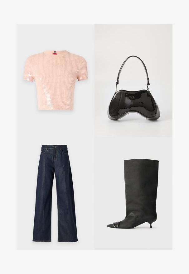 Lichtroze geribbelde gebreide top met korte mouwen en paillettenaccenten aan één kant en een ronde halslijn. Zachte textuur en cropped ontwerp.; Wijdvallende donkerblauwe denimbroeken met een gladde textuur, voorzien van vijf zakken, een knoop en contrasterende stiksels langs de naden.; Zwarte leren enkelboot met een spitse neus, een kleine hak en metalen accentdetails op de neus. Gladde, matte textuur overal.; Zwarte gepatenteerde leren handtas met een unieke gebogen vorm, korte verstelbare handgreep en een ritsopening. Glad uiterlijk met subtiele branding.