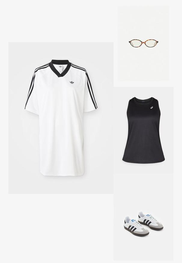 Schwarzes sportliches Tanktop aus leichtem, atmungsaktivem Material. Hat einen runden Ausschnitt und ein dezentes Logo auf der oberen linken Seite.; Weißes Sporttrikot mit kurzen Ärmeln, schwarzem V-Ausschnitt und schwarzen Drei-Streifen-Akzenten an den Schultern. Mit kleinem Logo auf der Brust.; Sportschuhe mit einem Obermaterial aus weißem Leder, grauer Wildleder-Zehenkappe und drei schwarzen Streifen. Sie verfügen über ein blaues Logo auf der Zunge und eine strukturierte Gummisohle.; Schildpatt-Eyegläser mit ovalen Gläsern und einer eleganten, glatten Oberfläche. Mit dünnen Seiten und einer subtilen Kurve an den Schläfen. Klare Gläser.