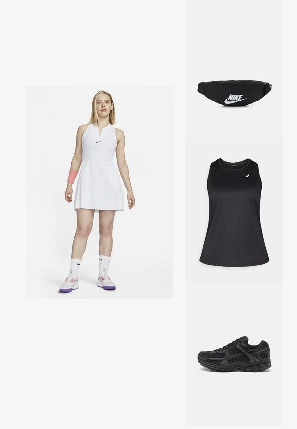 Schwarzes sportliches Tanktop aus leichtem, atmungsaktivem Material. Hat einen runden Ausschnitt und ein dezentes Logo auf der oberen linken Seite.; Weißes Tennis Kleid mit ärmellosem Design und Kragen, mit einem schwarzen Nike-Logo. Getragen mit einem pinken Handgelenksband und weißen Schuhen mit lila Akzenten.; Schwarzer Sportschuh mit mesh-Obermaterial, Gummisohle und strukturierten Akzenten. Das Design umfasst ein ausgeprägtes Schnürsystem und eine gepolsterte Sohle.; Schwarze Nylon-Hüfttasche mit Reißverschluss, ausgestattet mit einem großen weißen Nike-Logo. Glatte Textur und ergonomisches Design für einen bequemen Tragekomfort.
