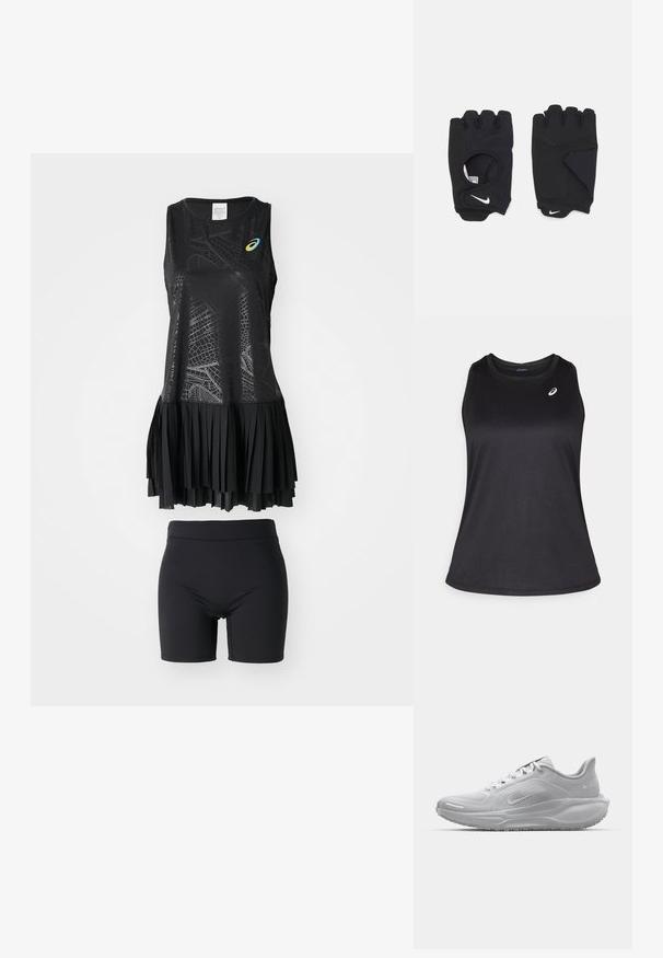 Schwarzes sportliches Tanktop aus leichtem, atmungsaktivem Material. Hat einen runden Ausschnitt und ein dezentes Logo auf der oberen linken Seite.; ASICS MATCH CAPSULE DRESS SET - Sportkleid - performance black; Hellgraue Laufschuhe mit einer strukturierten Oberseite, Schnürverschluss und dämpfender Sohle. Verfügt über ein Logo an der Seite und eine gemusterte Außensohle.; Schwarze fingerlose Handschuhe aus dehnbarem Material, mit einem offenen Handdesign, Griffakzenten und dem weißen Nike-Logo.
