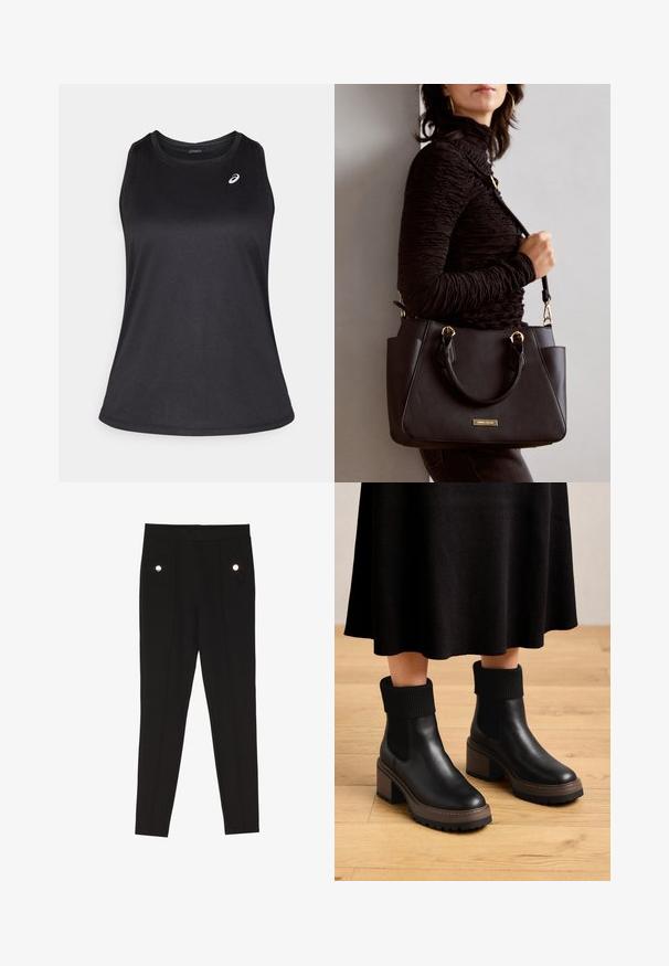 Svart treningstopp laget av lett og pustende stoff. Har rund halslinning og en subtil logo på øvre venstre side.; Sorte skreddersydde bukser med en glatt tekstur, som har to frontlommer med dekorative maskinvaredetaljer, og en slim-fit design.; Sorte lærankelstøvler med ribbede stoffmansjetter, kraftig brun hæl og teksturert såle. Glatt overflate med elastiske sidepaneler.; Svart håndveske med teksturert overflate, doble topphåndtak og justerbar skulderrem. Har detaljer i gulltone og sidelommer.