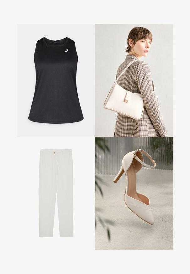 Débardeur de sport noir en tissu léger et respirant. Il présente un col rond et un logo subtil sur le côté supérieur gauche.; Pantalon blanc sur mesure avec une coupe droite, doté d'une fermeture à bouton, de passants de ceinture et de poches latérales ; texture de tissu lisse.; Chaussure à talons hauts blanche en matériau lisse, avec un bout pointu et une sangle autour de la cheville. Présente un intérieur beige clair et des accents en matériel doré.; Sac à main en cuir blanc au design structuré, doté d'un fermoir magnétique et d'une bandoulière, présenté sur un fond neutre.