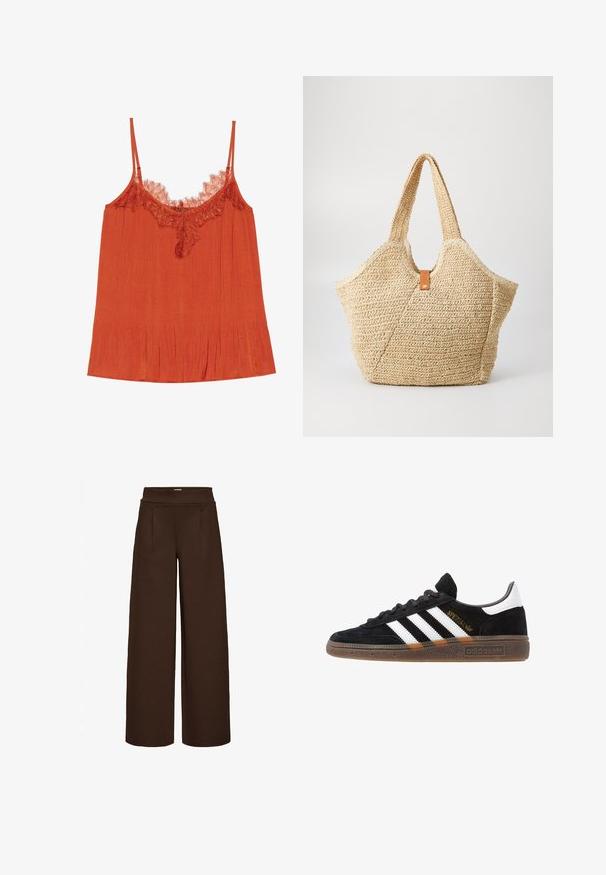 Narancssárga pántos blúz vékony pántokkal, csipkés gallérral és redőzött mintázattal az anyagon.; Barna, széles szárú nadrág sima anyagból, magas derékkal és két elülső redővel, laza fazonra tervezve.; Fekete Adidas sneaker fehér csíkokkal, arany "Spezial" felirattal, gumitalppal és fehér saroktabbal, profil nézetben bemutatva.; Nagy szalma táska texturált, bézs külsővel és két széles füllel. Bőr díszíti a zárást.