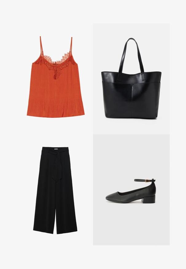 Orange camisole top med tynde stropper, en blondekant ved halsudskæringen og en plisseret tekstur i hele stoffet.; Sorte vide bukser i en tekstureret stofkvalitet, med elastisk talje og et aftageligt bånd i taljen for justerbar pasform.; Sorte læderpumper med spids tå og en lav blokhæl. Har en ankelrem med en guldfarvet spænde. Glat tekstur.; Sort læder tote taske med to lange håndtag, en glat tekstur og en struktureret form. Har en forlommem for ekstra opbevaring.