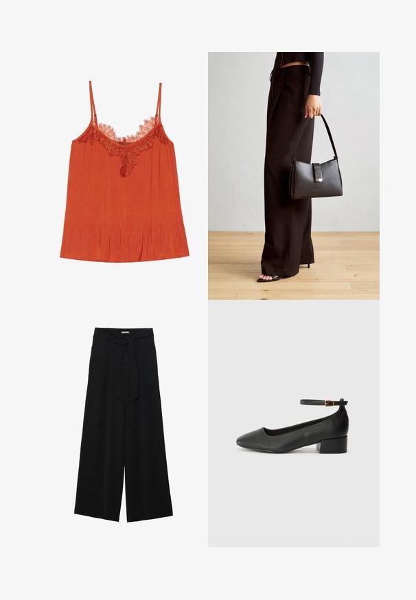 Oransje camisetttopp med tynne stropper, blondekant ved halsen og plisserte teksturer i hele stoffet.; Svart vide bukser med teksturert stoff, elastisk midje og avtagbart belte som gir justerbar passform.; Sorte skinnpumper med spiss tå og lav blokkhelt. Har ankelrem med gullfarget spenne. Glatt tekstur.; Svart håndveske med strukturert form, jevn tekstur og metallisk lås. Kombinert med brede svarte bukser og sandaler med åpen tå på tregulv.